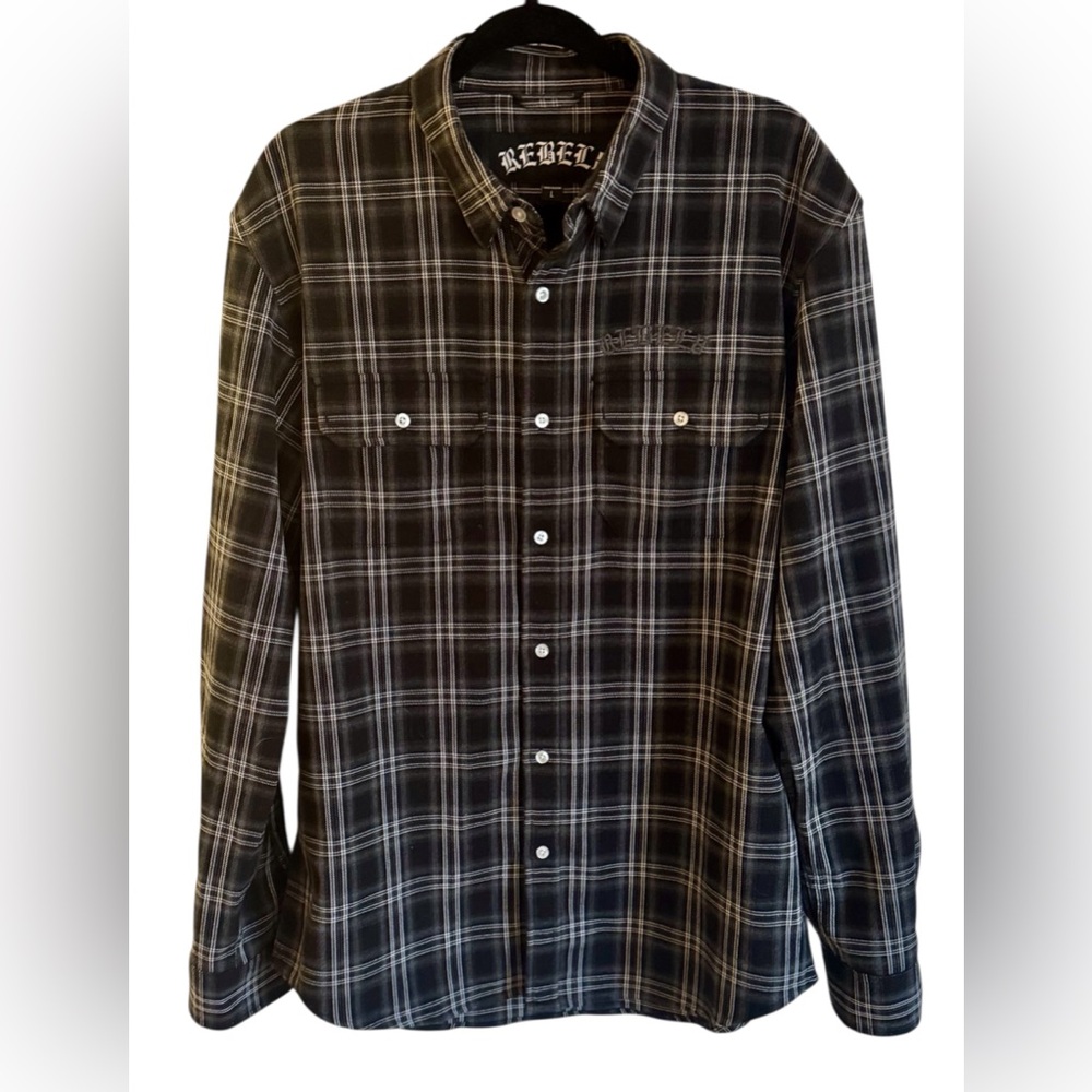 REBEL8 Plaid Flannel Shirt Black Gray Mens L Streetwear Skate Button Up